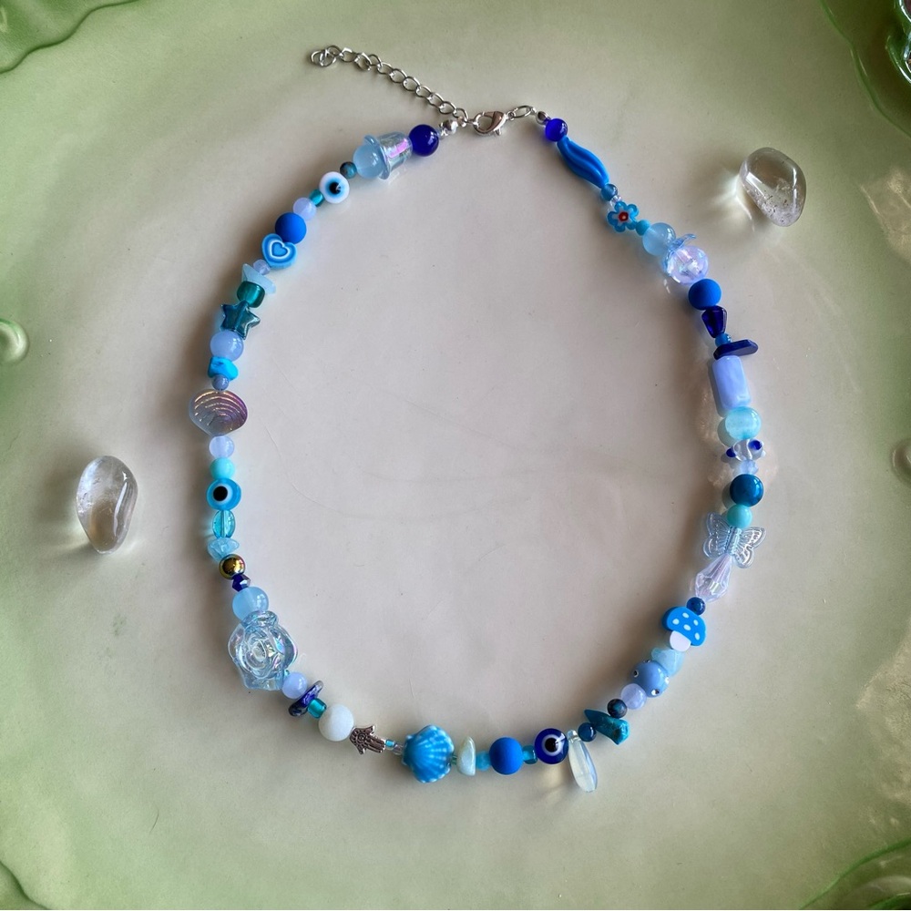 Ethereal Realms Blue Tone Beaded Necklace Silver Mushroom Roses Heart Hamsa